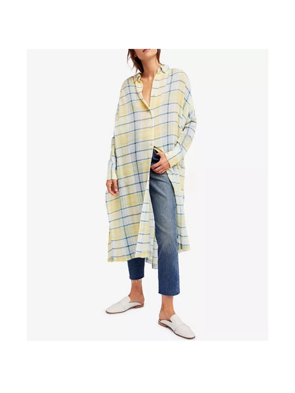 Free People By My Side Long Button Up Tunic Top Blouse Shirt Duster Womens M